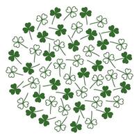 Silhouette and outline shamrocks in trendy green in circle shape. Round monochrome clover backdrop. Isolated. Wallpaper greeting cards, poster, banner, price, label or web, promo design concept vector