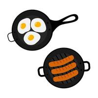 Grill pan with sausages and skillet with Fried eggs Top view. Culinary food poster or menu elements. Hand drawn Isolated Culinary food poster or card menu, banner, brochure, price design idea vector