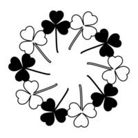 Round frame of black and white clover leaves. Silhouette and outline shamrocks in shape of circle. Copyspace Isolated . Greeting cards, poster, banner, price tag, label or web, promo design idea vector