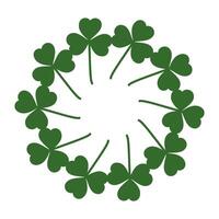 Wreath of shamrocks in trendy green. Abstract round frame of clover leaves Copyspace Greetings idea. Isolated Cards, posters, banner, brochures, price tag, label or web, promo design concept vector