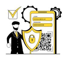 Cyber security. Businessman protects his data and phone with a shield vector