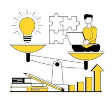Education. On one scale hangs a light bulb and on the other a student. There are puzzles, books, and a diagram all around vector