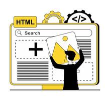 Web development. A man builds a website out of the elements vector