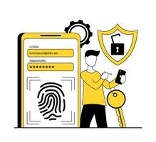 Cyber security. Man unlocks phone with fingerprint vector