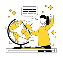 Education. The girl points to a globe with a pointer and talks about geography vector