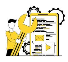 App development. A programmer developer creates an application on the phone. A man holding a wrench vector