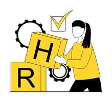 Human resources. The girl is stacking cubes with HR written on them. vector