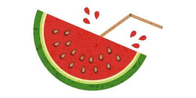 Greeting card celebrating watermelon day with watermelon slice isolated on white. Vintage banner with grunge texture with a slice of juicy watermelon and straw in flat style. vector