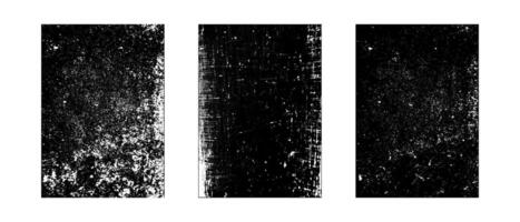 Set of three vintage distressed texture overlays. Black and white grunge effect for worn background. Rough dirty grainy A4 paper design. vector