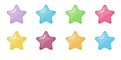 ocho lustroso estrellas diferente colores en un blanco antecedentes. conjunto de estrella íconos en dibujos animados estilo. vector