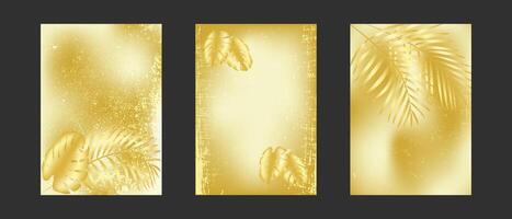 Luxurious gradient gold backgrounds with tropical foliage. Golden shabby texture. A set of elegant A4 covers with palm leaves. vector