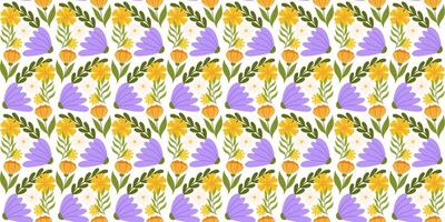 Seamless motif displaying floral elements. Botanical-inspired repetitive fabric or wallpaper design with yellow, orange, and substantial lilac flowers, different leaves. vector