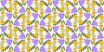 Seamless pattern motif displaying floral elements. Botanical repetitive fabric or wallpaper design with yellow, orange, and lilac flowers, different leaves. vector
