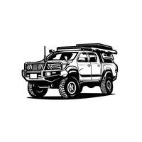 Overland vehicle . Double cabin offroad pickup truck black and white monochrome isolated vector