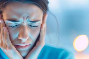 A woman looks down with a sad expression and her hands on her face photo