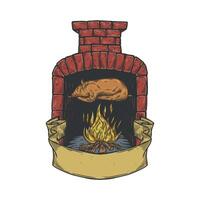 fire pit with a grill pork in vintage hand drawn style . vector