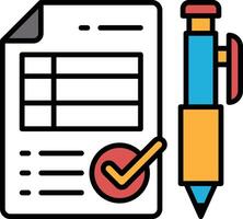 A check mark is on a piece of paper with a pen next to it vector