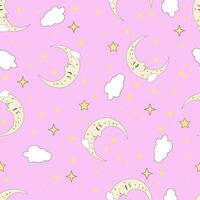A seamless pattern on a pink background, featuring a sleeping moon and clouds. vector