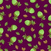 Seamless pattern with a green acorn on a purple background. Autumn pattern with leaves vector