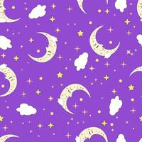 A seamless pattern on a purple background, featuring a sleeping moon surrounded by clouds. vector