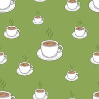 Seamless pattern with cute cups on a green background. Tea or coffee pattern vector