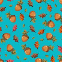 Seamless pattern with an acorn on a blue background. Autumn pattern with leaves vector