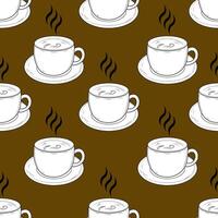 Seamless pattern with cute cups on a brown background. Tea or coffee pattern vector
