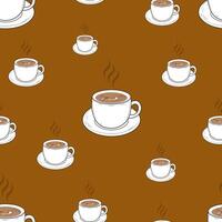 Seamless pattern with cute cups on a brown background. Tea or coffee pattern vector