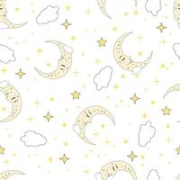 A seamless pattern on a white background, featuring the image of a sleeping moon surrounded by clouds. vector