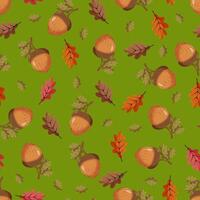 Seamless pattern with an acorn on a green background. Autumn pattern with leaves vector