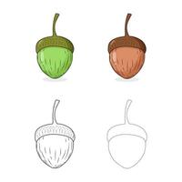 A set of acorns with leaves. Brown and green acorns. Contour drawing vector