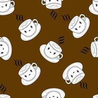 Seamless pattern with cute cups on a brown background. Tea or coffee pattern vector