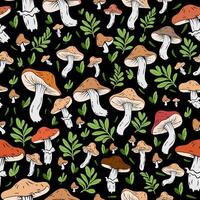 Seamless pattern featuring wild mushrooms on a black background, a pattern combining mushrooms and green leaves, autumnal in style. vector