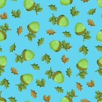 Seamless pattern with a green acorn on a blue background. Autumn pattern with leaves vector