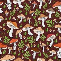 Seamless pattern featuring wild mushrooms on a brown background, a pattern combining mushrooms and green leaves, autumnal in style. vector