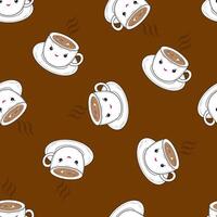 Seamless pattern with cute cups on a brown background. Tea or coffee pattern vector