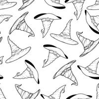 A seamless pattern featuring a witch's hat, designed for a Halloween theme. The pattern is printed on a white background. vector