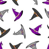 A seamless pattern featuring a witch's hat, designed for a Halloween theme. The pattern is printed on a white background. vector