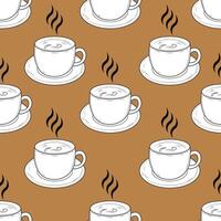Seamless pattern with cute cups on a brown background. Tea or coffee pattern vector