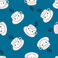 Seamless pattern with cute cups on a blue background. Tea or coffee pattern vector