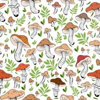 Seamless pattern featuring wild mushrooms on a white background, a pattern combining mushrooms and green leaves, autumnal in style. vector