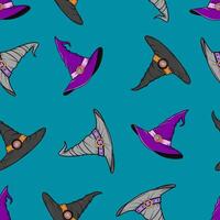 Seamless pattern featuring a witch's hat. A pattern on a turquoise background for Halloween. vector