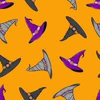 A seamless pattern featuring a witch's hat. The pattern is on an orange background, perfect for Halloween. vector