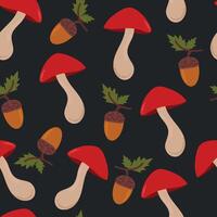 Autumn mushrooms and acorns seamless pattern background vector