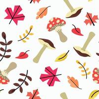 Autumn leaves, herbs and mushrooms seamless pattern background vector