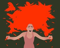 Woman standing with dead fists, feeling furious. Concept of anger rage and negative emotions. Birds of prey as a symbol of aggression. illustration. vector