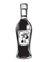 Olive oil bottle isolated on white background. sketch, vintage hand engraving. Hand drawn ink drawing of a bottle. Line art for menu, design, label. vector