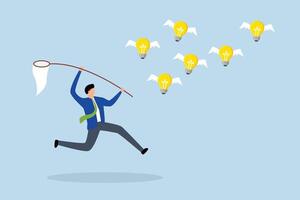 Capture new business ideas, businessman hunts and catches ideas to fly light bulbs with butterfly net. vector