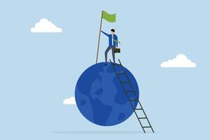 Winning world, successful businessman climbing a ladder and holding a globe winning flag vector