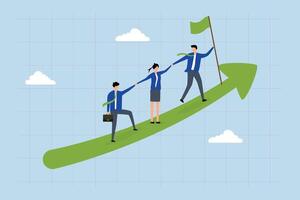 Teamwork cooperate together to achieve target, business manager holding hands with employee walking arrow diagram. vector